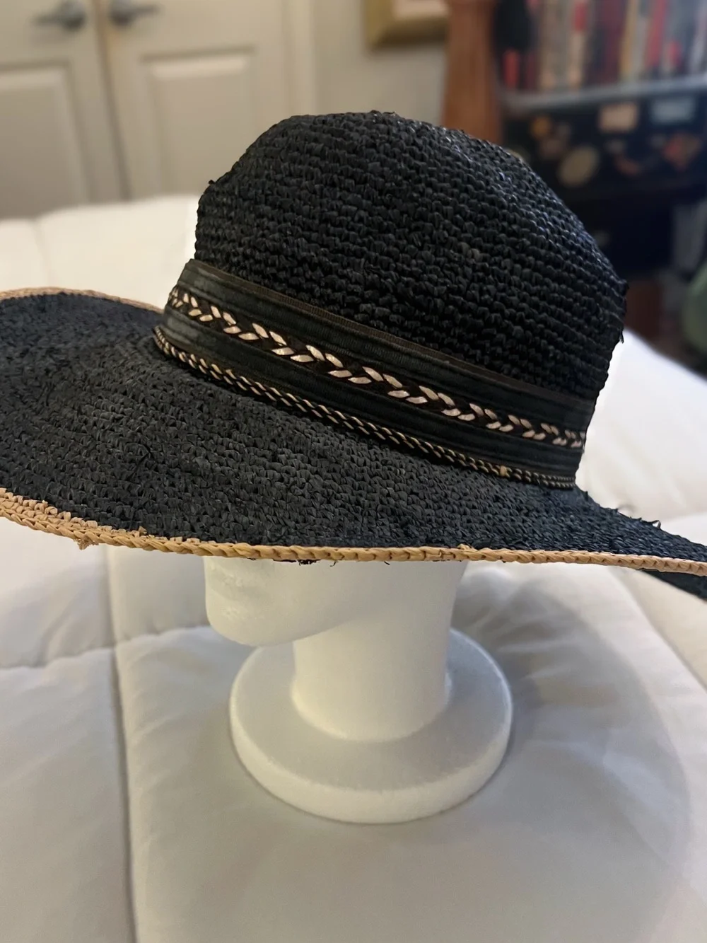 Scala Black Wide-Brim Straw Sun Hat with Braided Trim